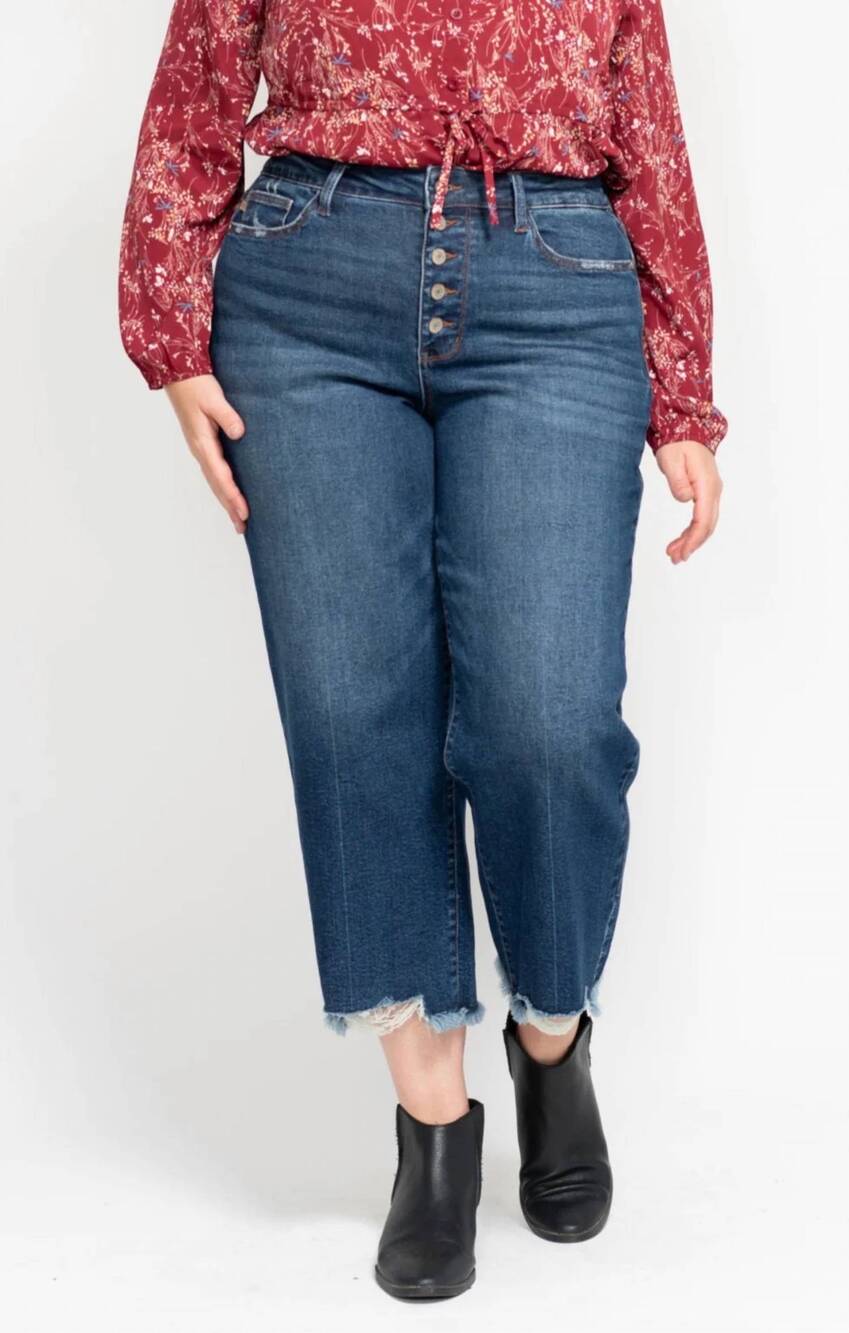 NEW JUDY BLUE button fly hem crop jeans in blue